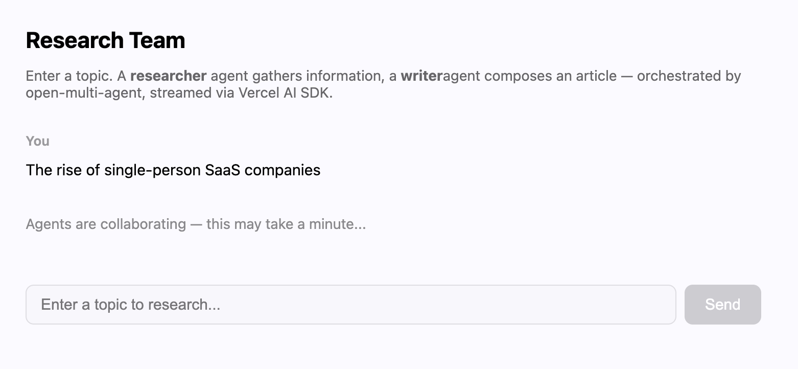 Entering a topic in the chat UI -- agents are collaborating