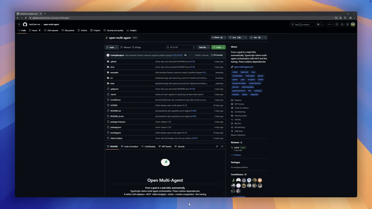 Watch on YouTube: GithubAwesome's GitHub Trending Monthly #6, paused on the open-multi-agent GitHub repository (6k stars).